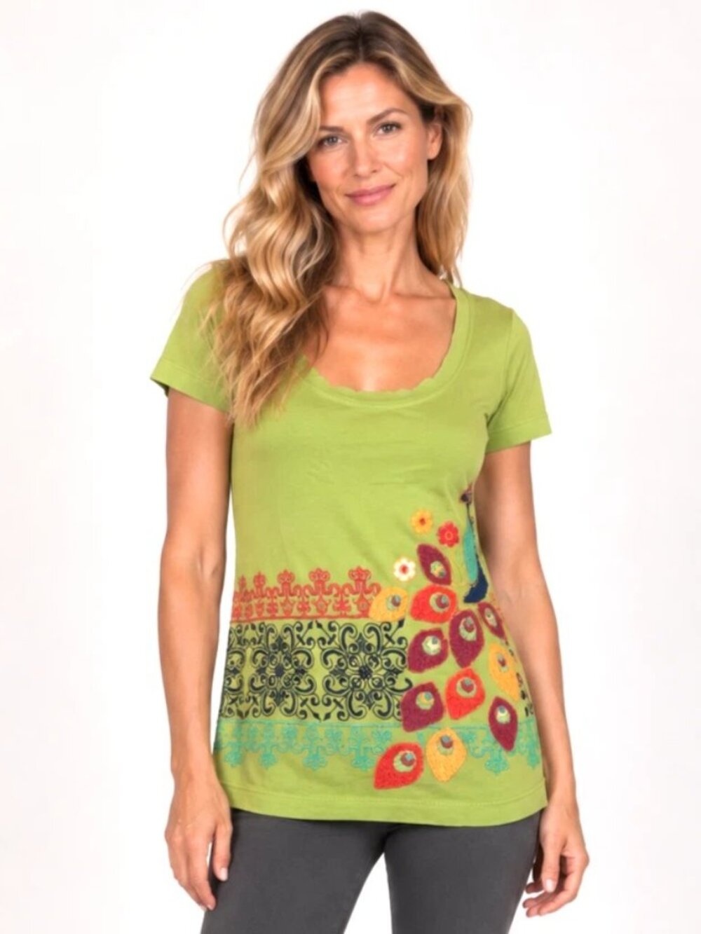 Johnny Was JWLA Green Peacock Embroidered Short Sleeved Top T-Shirt XS X-Small